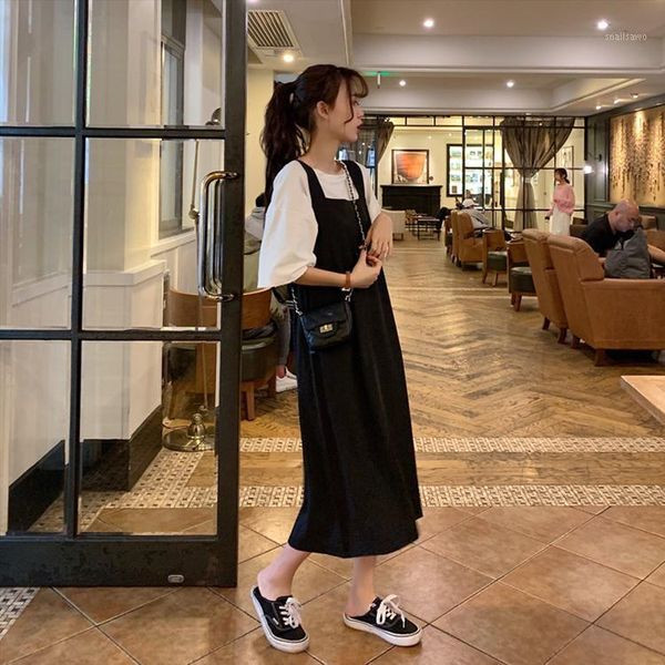 

casual dresses dress women summer korean loose long womens sleeveless mid-calf solid a-line square collar simple all-match, Black;gray