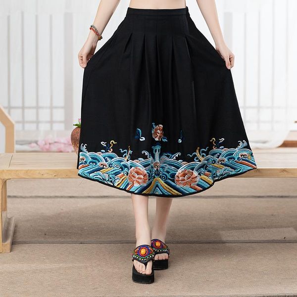 

skirts kyqiao jupe femme womens 2021 autumn spring mexico style ethnic design long black red blue embroidery a-line midi skirt