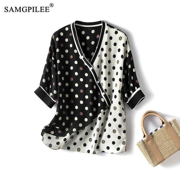 

women's t-shirt summer tees 2021 office lady chiffon short sleeve shirt women asymmetrical polka dot pattern v-neck vintage t-shirts 4x, White