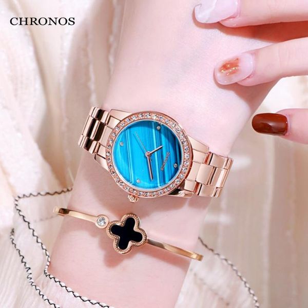 

wristwatches chronos women quartz watch japanese movement full of rhinestone sea blue dial steel bracelet ladies fashion wristwatch ch35, Slivery;brown