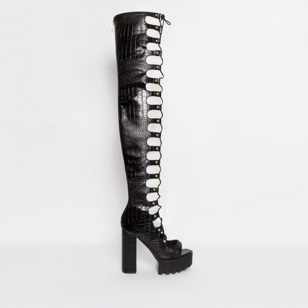 

boots perixir women cross-tied black leather high heel boot over the knee lace up female platform high-heeled shoes hawm