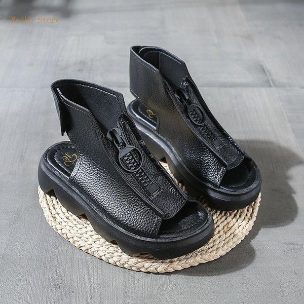

summer platform shoes for women height increasing 2021 peep toe front zipper casual roman sandals, Black