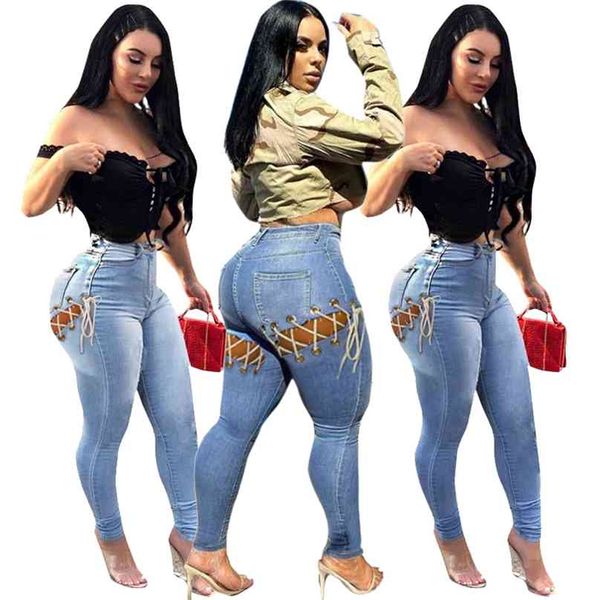 Dünne Hosen für Frauen Broeken Lace Up Jeans Sexy Hohe Taille Streetwear Denim Jeggings Großhandel Drop 210925