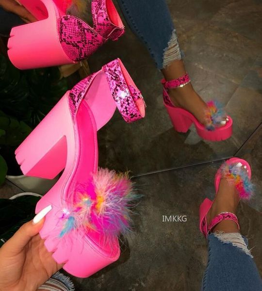 

sandals 2021 furry women fashion shoes ladies banquet high heel fur platform outdoor party buckle slippers woman, Black