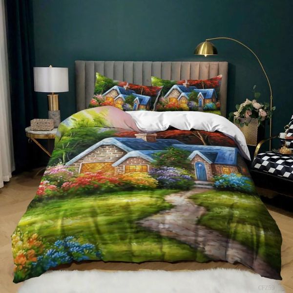 

bedding sets set  size luxury landscape print duvet cover and pillowcase twin full king bed comforters home