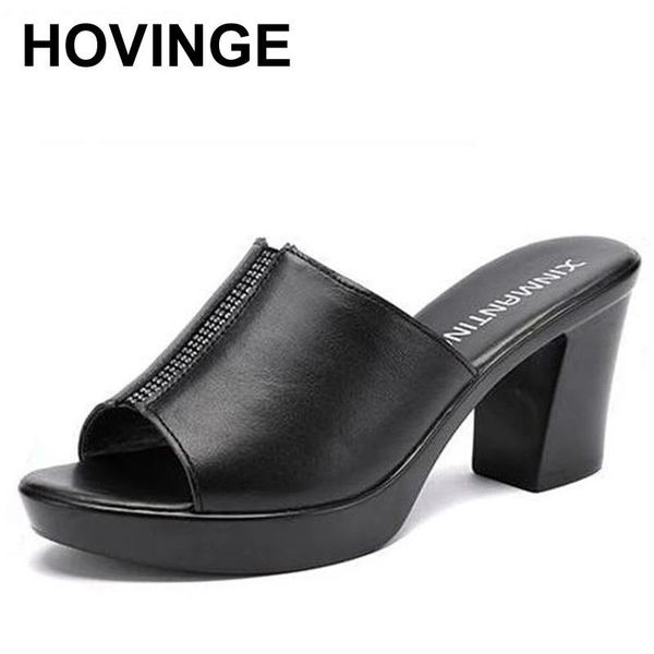 

slippers hovinge women summer genuine leather ladies shoes square high heel rhinestone platform peep toe fashion mature female, Black