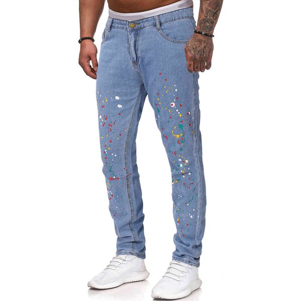

men's fashion jeans fashion splash ink slim color denim pants men, Blue