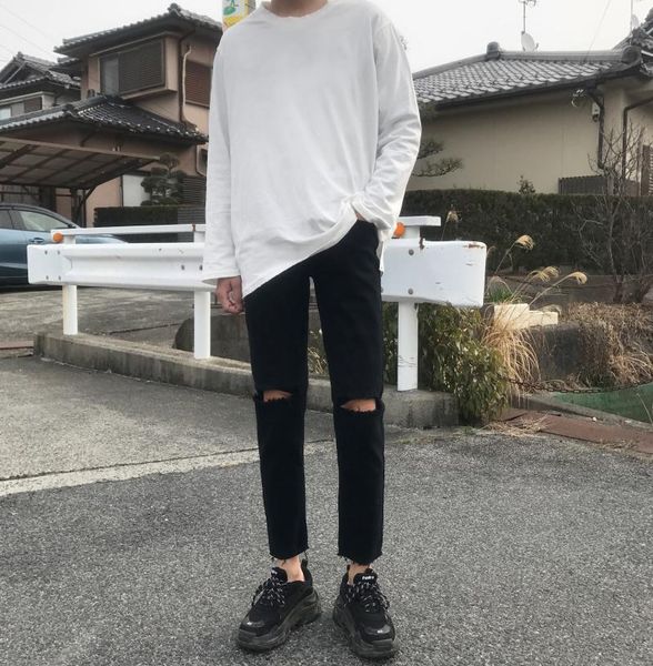 

men's jeans 2021 summer black ripped casual slim pants korean style cropped trend, Blue