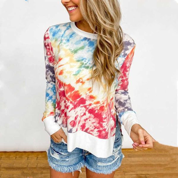 

women's t-shirt women tie-dye printed t-shirts casual o neck long sleeve gradient side split loose t shirts autumn female harajuku plus, White