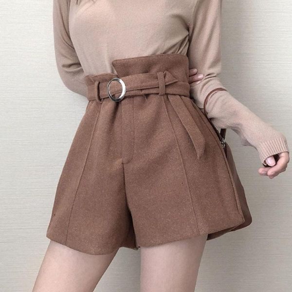 

autumn winter thicken fashion 2021 woolen belt warm shorts women high waist a-line girls elegant trousers solid casual 0843 women's, White;black