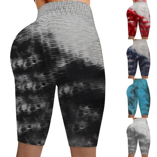 

yoga outfit women sport running fitness pants wrinkled tie-dye leggings stretch bubble casual high waist elastic biker shorts