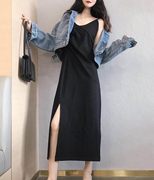 

casual dresses black summer women long dress v-neck spaghetti strap ruched spilt out midi female vestidos w156, Black;gray