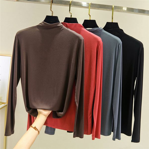 

women's t shirt spring korean slim fit solid color pullover for leisure with half high collar long sleeve women, White