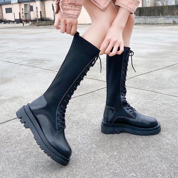 

boots autumn women knit elastic cloth knee high lace up platform long woman pu patchwork motorcycle botas mujer n8i2, Black