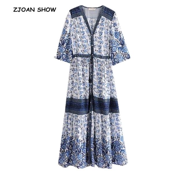 

boho deep v neck open buttons blue white floral print dress ethnic woman half sleeve swing maxi long dresses 2 colors 210429, Black;gray