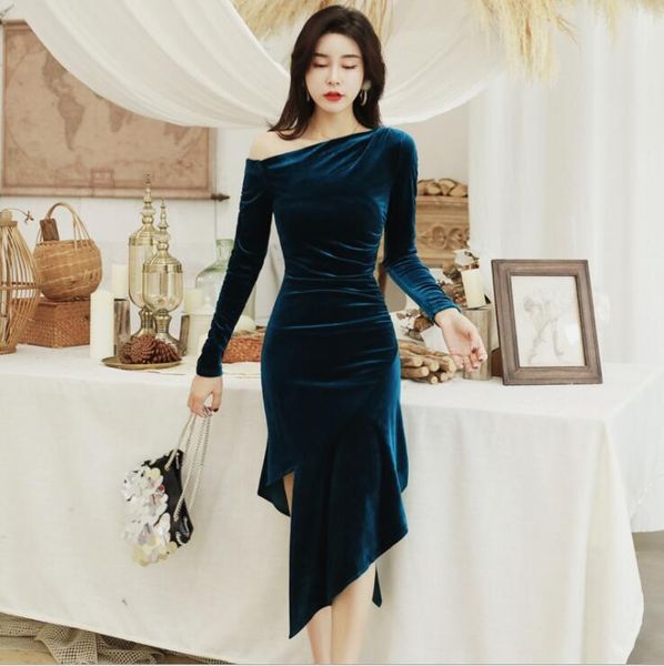 

casual dresses women long sleeve dress autumn one shoulder bodycon bandage party irregular skinny velvet, Black;gray