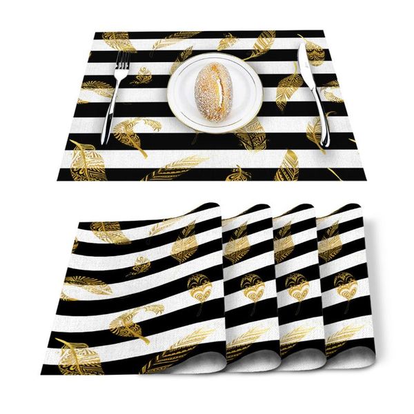 

table runner golden feather black stripes placemat for dining non-slip and heat-insulating mat decoration