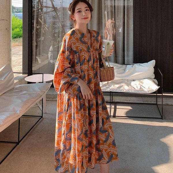 

casual dresses [ewq]2021 ladies autumn fashion v-neck long sleeve floral chic loose large size mid calf dress women 16q221, Black;gray