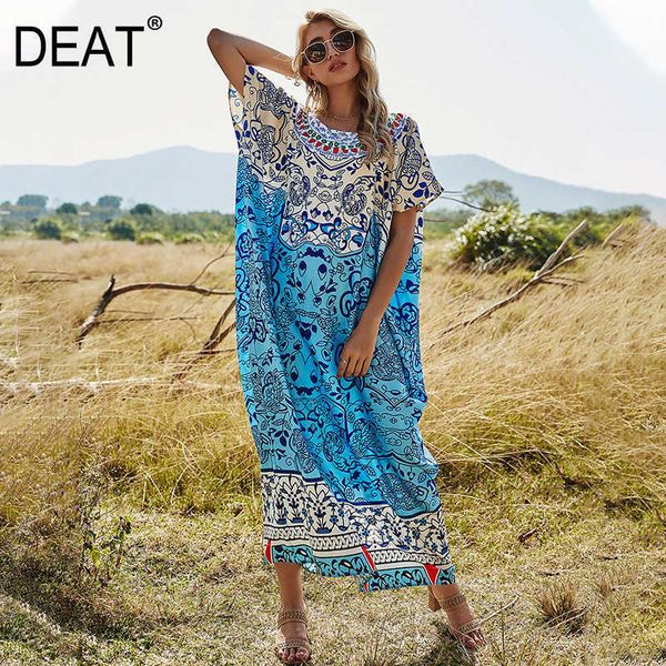 

[deat] summer fashion round neck high waist short sleeve printing loose elegant dress women big size 13c637 210527, Black;gray