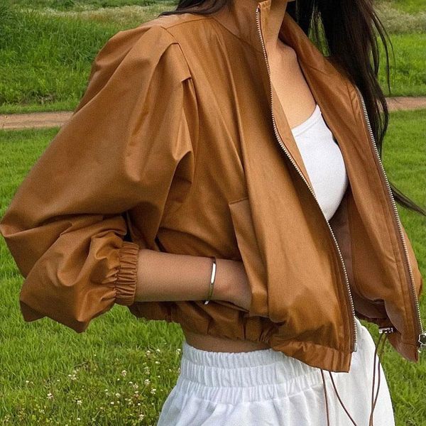 

women's jackets women pu leather short jacket coats autumn casual turn down collar zipper drawstring crop female loose streetwear, Black;brown