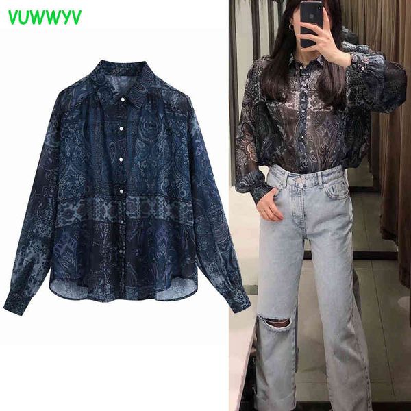 

blue retro oversized boho print shirts for women chiffon transparent button up shirt woman long sleeve semi sheer ladies 210430, White