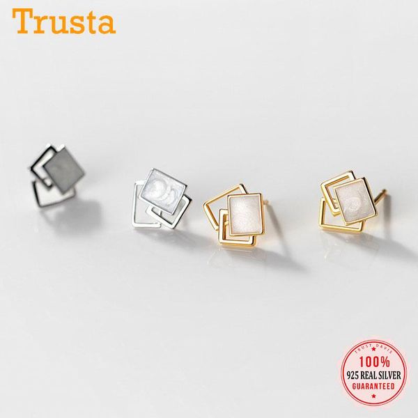 

stud trustdavis genuine 925 sterling silver fashion sweet geometric hollow square glaze earring for women jewelry gift db1222, Golden;silver