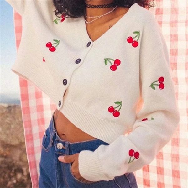 

cardigan retro high waist short v-neck knitted cardigan women autumn cherry embroidered loose cardigan sweater women 210514, White