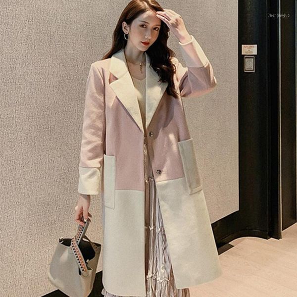 

women's wool & blends autumn winter coat female mid-long wild korean fashion temperament color matching elegant woolen jacket, Black