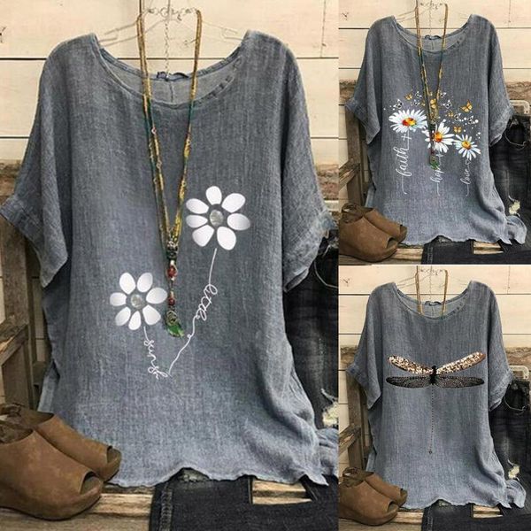 

women's blouses & shirts plus size blusas mujer print floral short sleeve shirt summer holiday wear and loose o-neck t-shirt, White