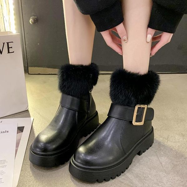 

boots lucyever fashion buckle platform ankle for women fluffy faux fur chunky shoes woman short plush warm leather booties mujer, Black
