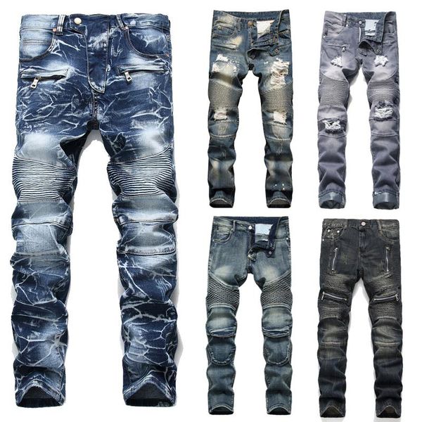 

men's jeans mens retro casual straight regular fit biker pants long denim trousers, Blue