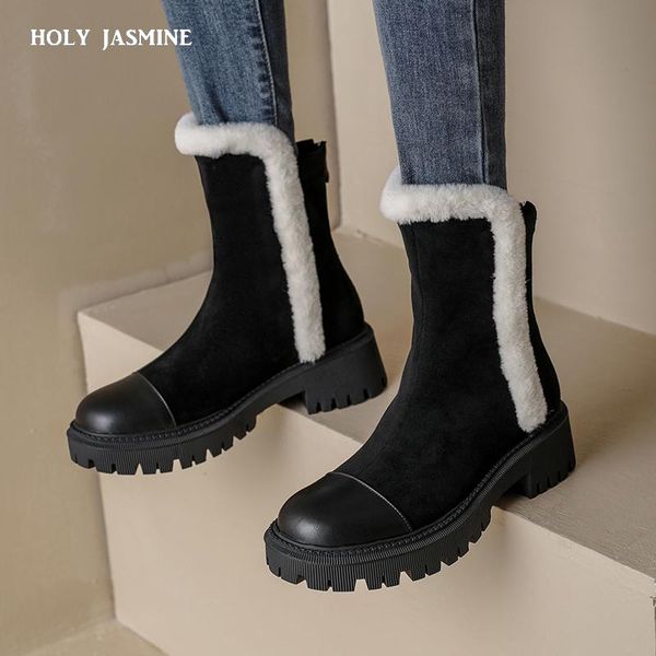 

boots women winter genuine leather 2021 fashion warm thick-soled women's ankle platform, Black