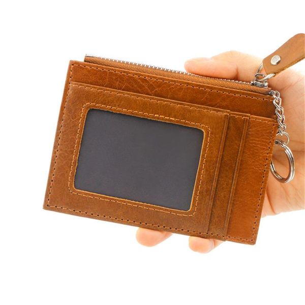 

card holders slim wallet zipper id credit bank name business keychain holder pu coin purse female clutch pocket money bag clip, Brown;gray