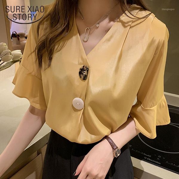 

blouses woman 2021 summer short sleeve women blouse v-neck solid chiffon shirts plus size 4916 50 women's &, White