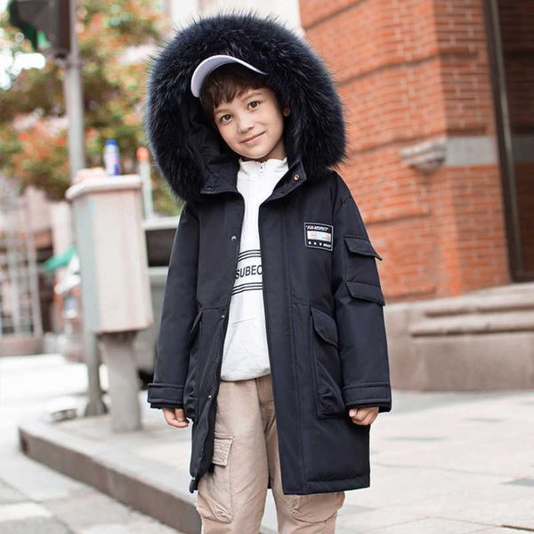 2021 New Boys WinterJacket Real Fur Collar Parkas para Crianças Outerwear -30 graus desgaste Engrossar Long Kids Coat Snowsuit 5-12YRS H0909