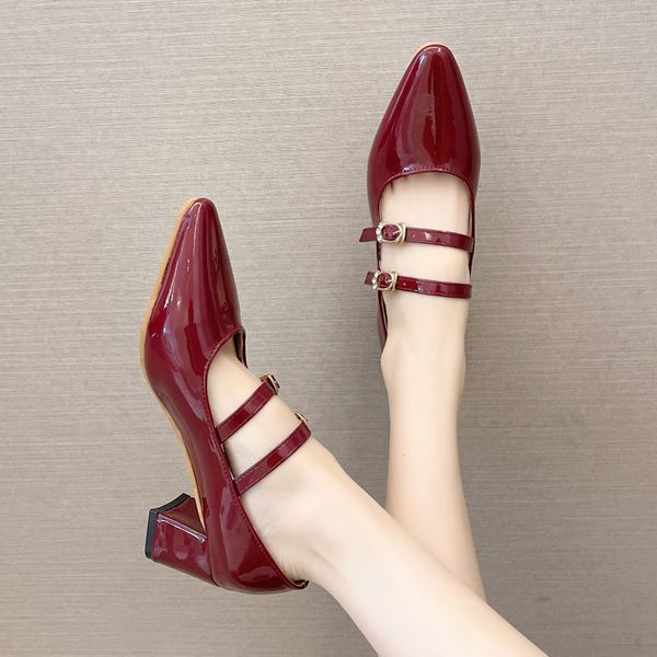 

2022 spring women dress shoes double buckle mary janes shoe high heels patent leather pointed toe pumps red fashion ladies 9484n, Black