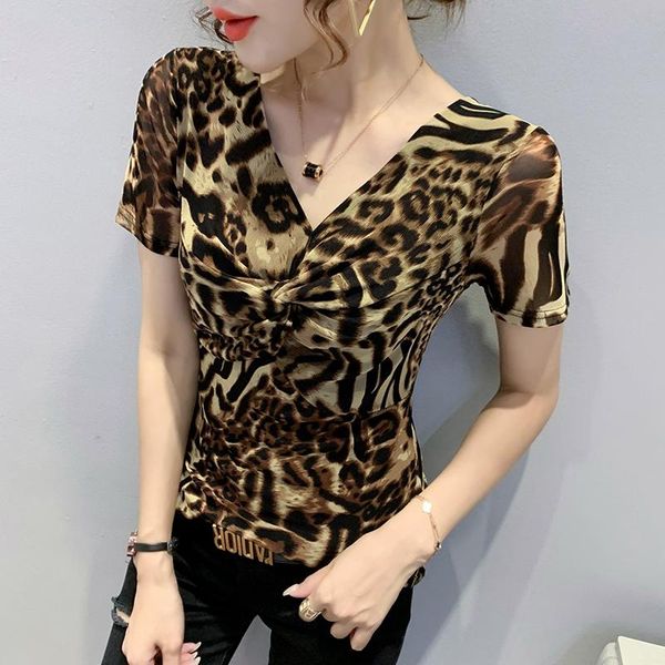 

women's t-shirt 2021 summer short sleeve fashion casual v-neck leopard plus size female blusas, White