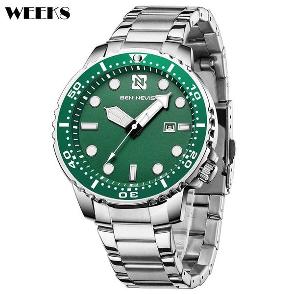 

men's quartz watch waterproof green dial full stainless steel reloj male chronograph calendar date men wristwatch wristwatches, Slivery;brown
