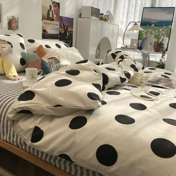 

bedding sets white black geometric polka dot stripes set,lovely cotton twin full  home textile bed sheet pillow case quilt cover
