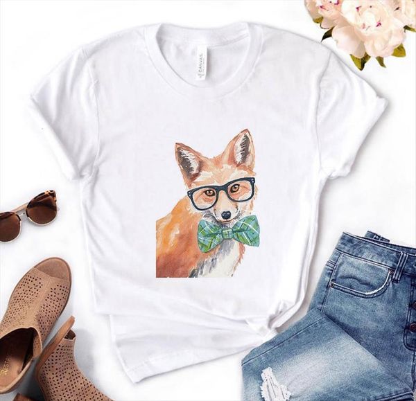 

fox bow print cotton womens casual funny yong girl tee pm 74, White