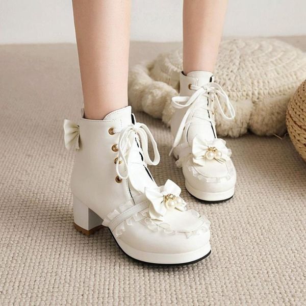 

boots womens round toe bowknot ankle block high heel warm winter shoes thick lolita mary jane girls 4colors plus size 2022, Black