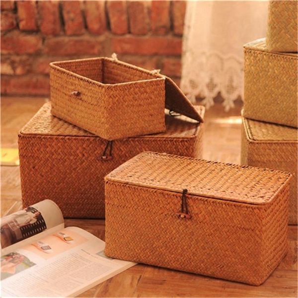 

storage baskets 3pcs/set handmade seagrass woven box rattan finishing basket with lid sundries bath cosmetic towel container