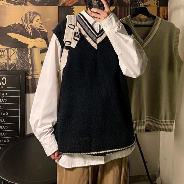 

men's sweaters sweater vest fashion retro casual v-neck men streetwear korean loose pullover mens clothes -2xl, White;black