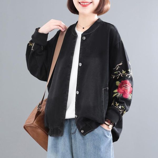 

women's jackets women 2021 spring autumn fashion floral embroidered female casual denim overcoats ladies loose outerwear w193, Black;brown