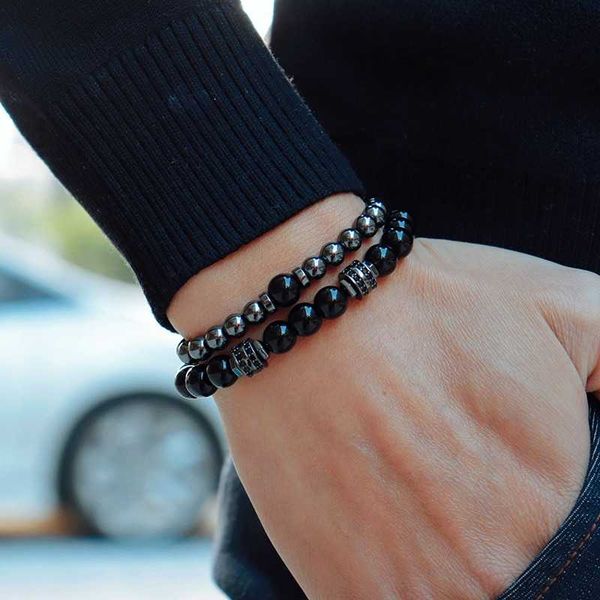 

beaded, strands men 2pcs/set natural stone bracelet 6mm magnetic hematite braclet 2 styles retro black beads braslet hombre abalorios pulser