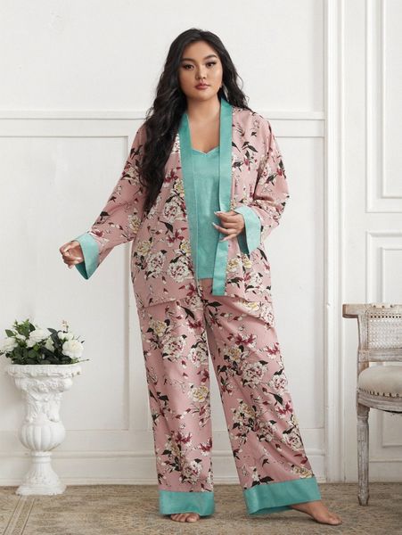 

plus 3pcs floral print robe set w7qr#, Black;white