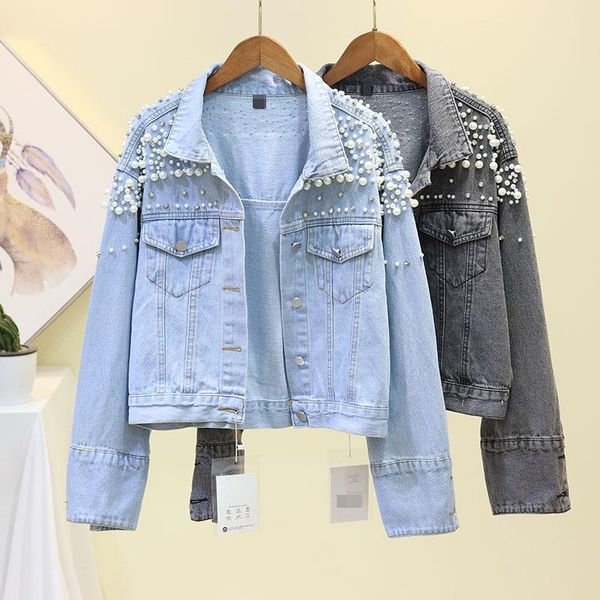 

women's jackets denim jacket women autumn jean pearl casual 2021 coat long sleeve outerwear, Black;brown