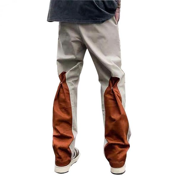 

men's pants high street streetwear men color block pockets straight cargo mens drawstring casual overalls harajuku trousers, Black