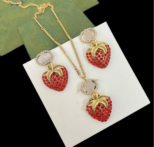 

strawberry alphabet full diamond necklace with diamonds brass material fruit element earrings set fast delivery, Silver