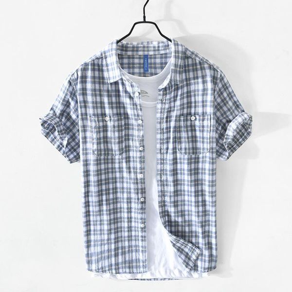 

men's dress shirts g205 casual plaid short sleeve cotton shirt, White;black